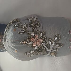 NWT Light Blue Jean Flower Rhinestone Hat